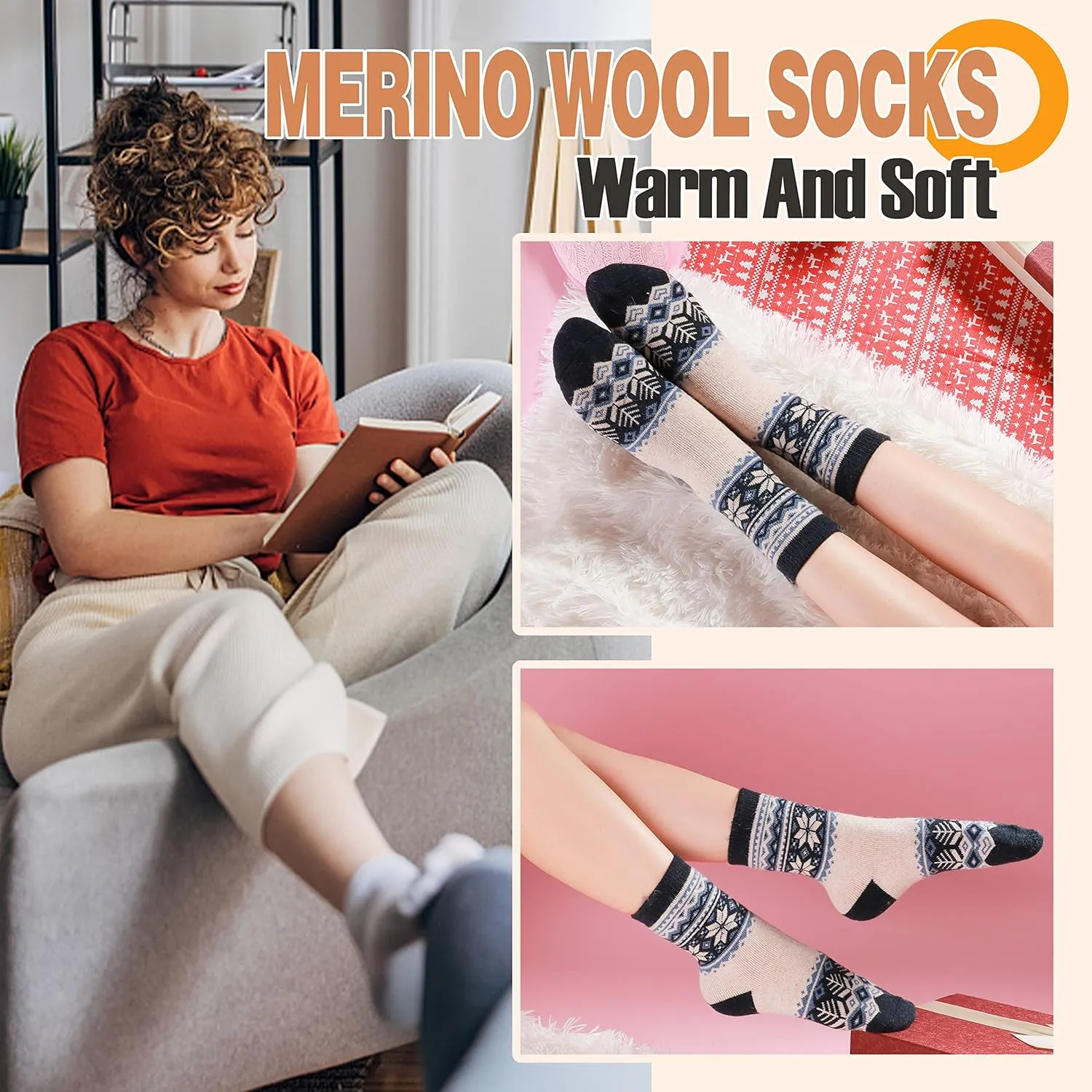 ANTSANG Merino Wool Socks for Women Hiking Thermal Warm Thick Winter Boot Crew Cozy Cabin Work Soft Ladies Socks 5 Pairs
