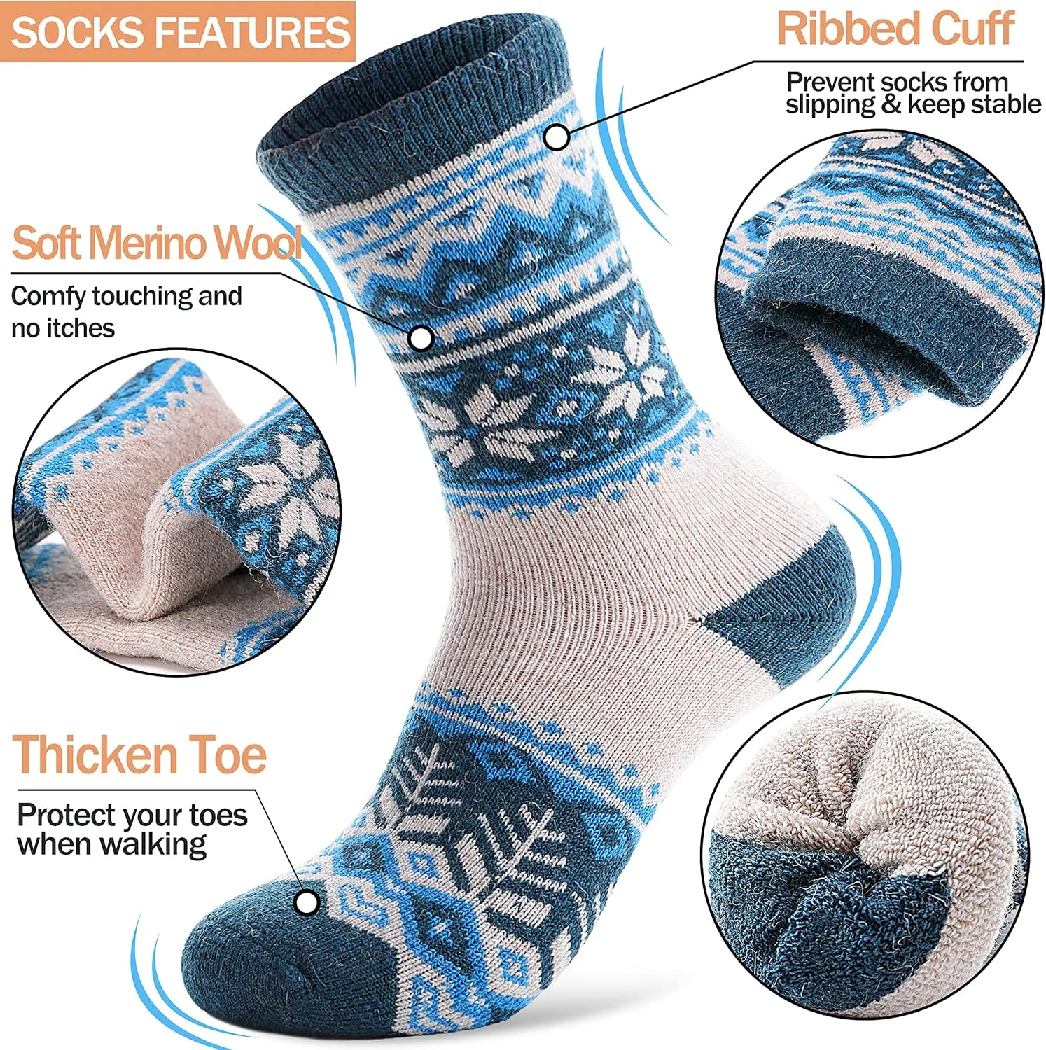 ANTSANG Merino Wool Socks for Women Hiking Thermal Warm Thick Winter Boot Crew Cozy Cabin Work Soft Ladies Socks 5 Pairs