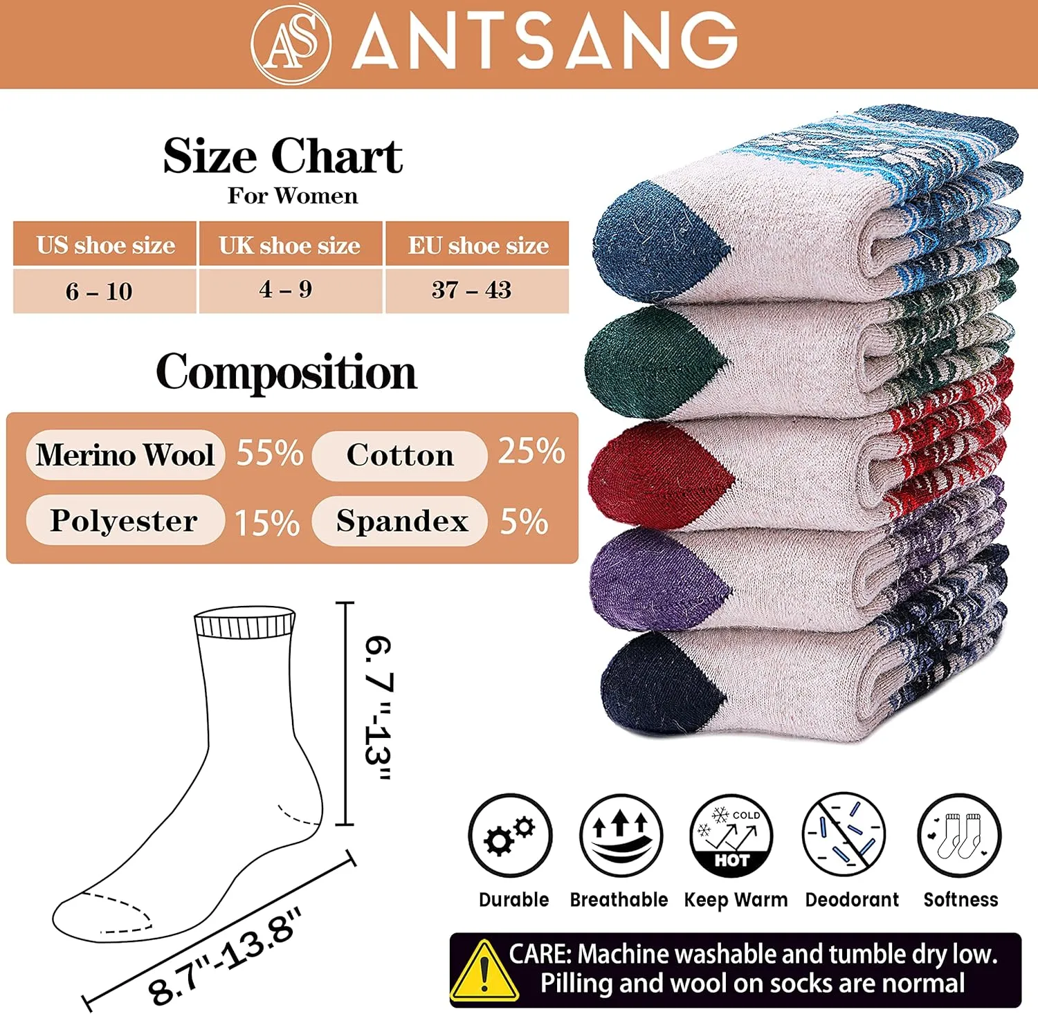 ANTSANG Merino Wool Socks for Women Hiking Thermal Warm Thick Winter Boot Crew Cozy Cabin Work Soft Ladies Socks 5 Pairs