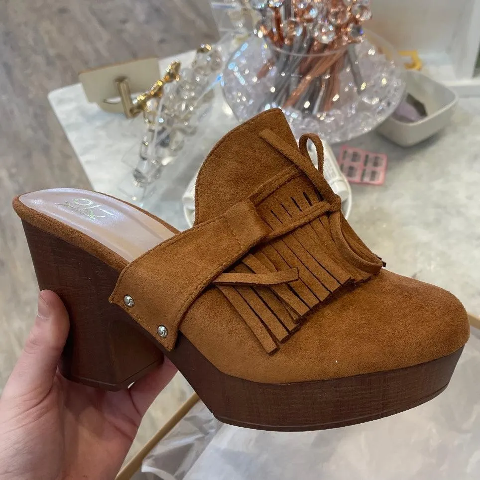 Dripping Honey Camel Faux Suede Tassel Heel Mules