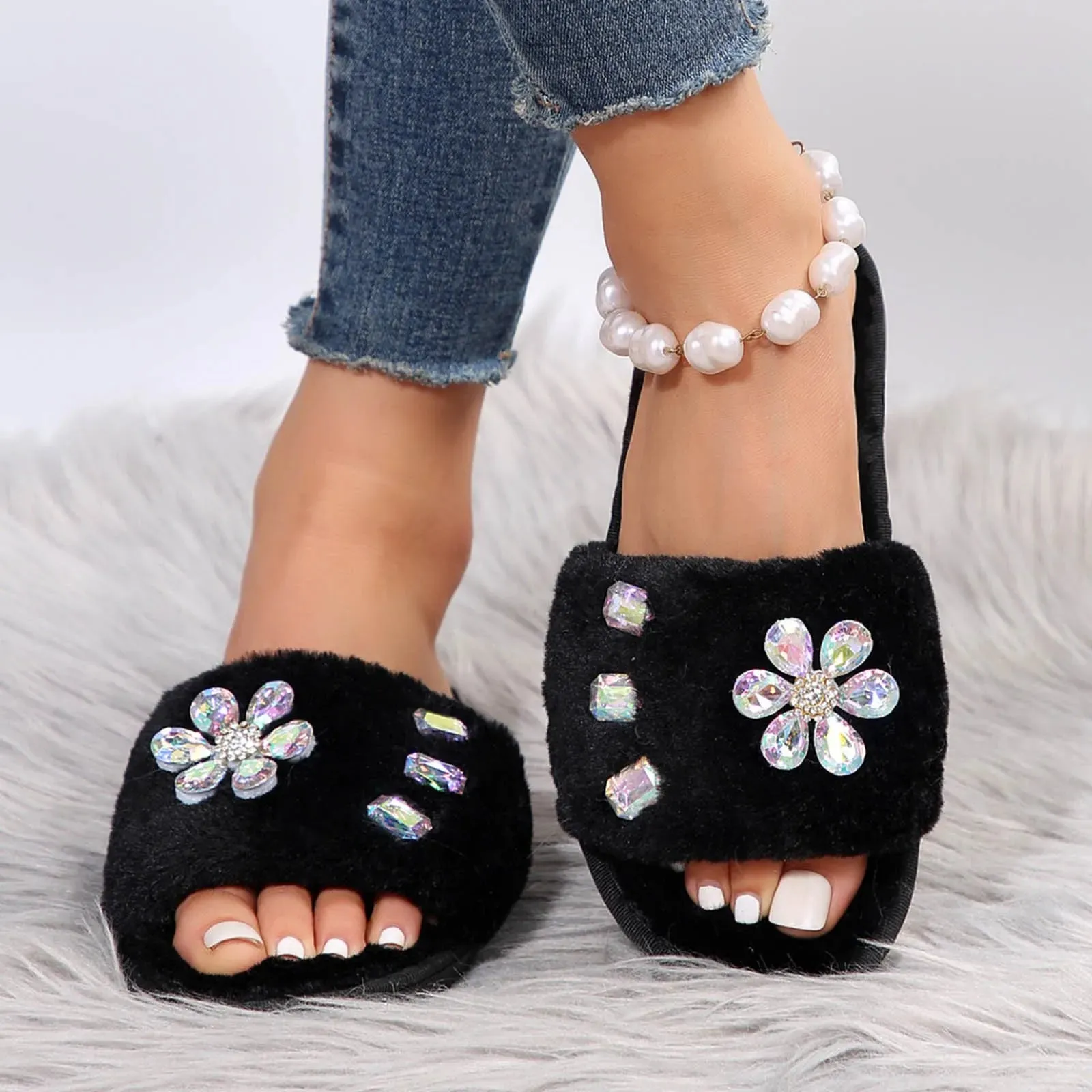 Flower Rhinestone Slippers for Women