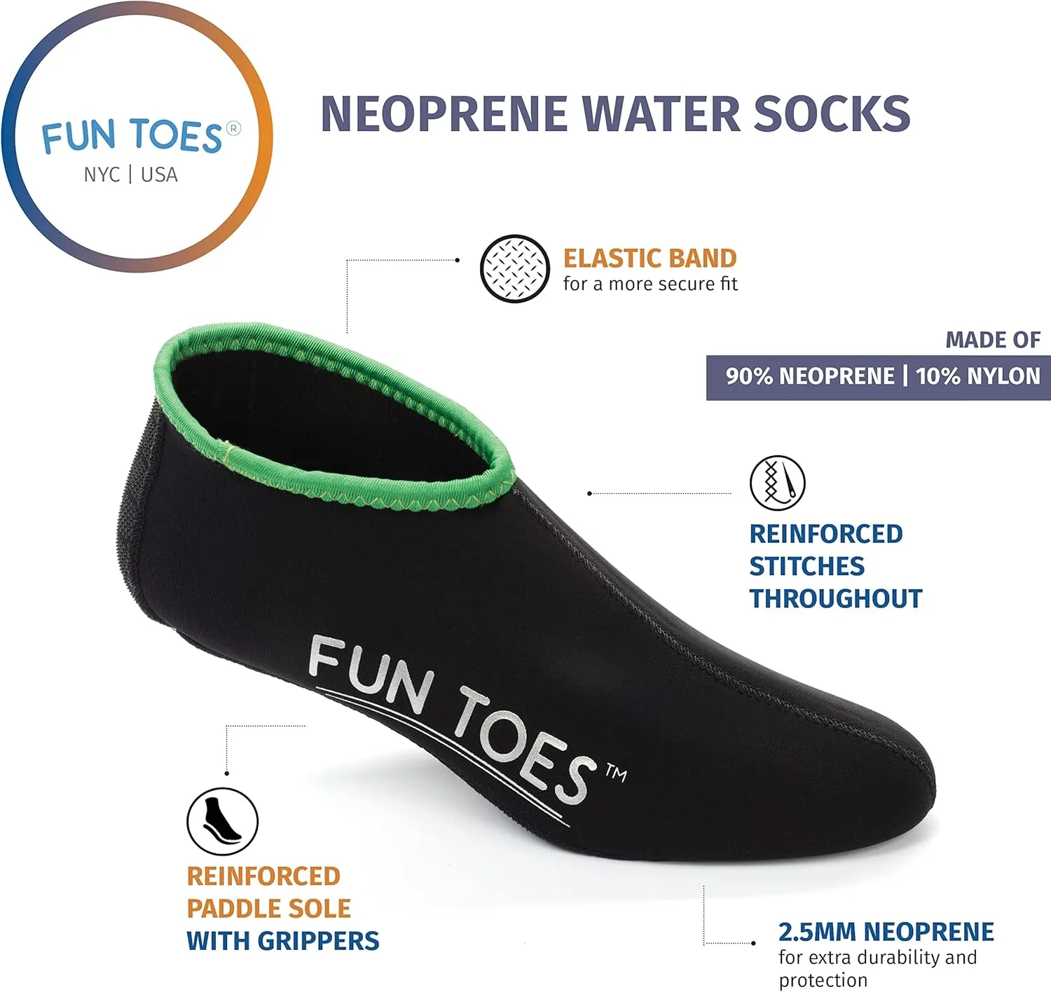 FUN TOES 2.5mm Neoprene Fin Socks for Water Sports Snorkeling, Scuba Diving, Paddling, Boarding, Jetskiing 2 Pairs