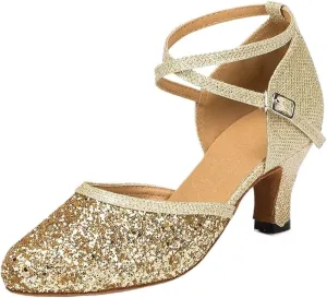 Ladies Latin Dancing Shoes Sparkling High-heeled Ballroom Dancing Tango Dancing Shoes Ladies Sandals(5 cm gold,9)