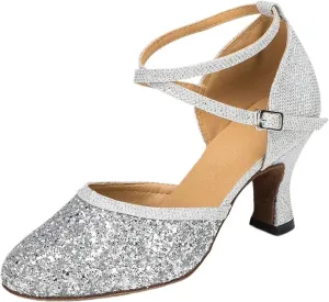 Ladies Latin Dancing Shoes Sparkling High-heeled Ballroom Dancing Tango Dancing Shoes Ladies Sandals(6 cm silver,8.5)