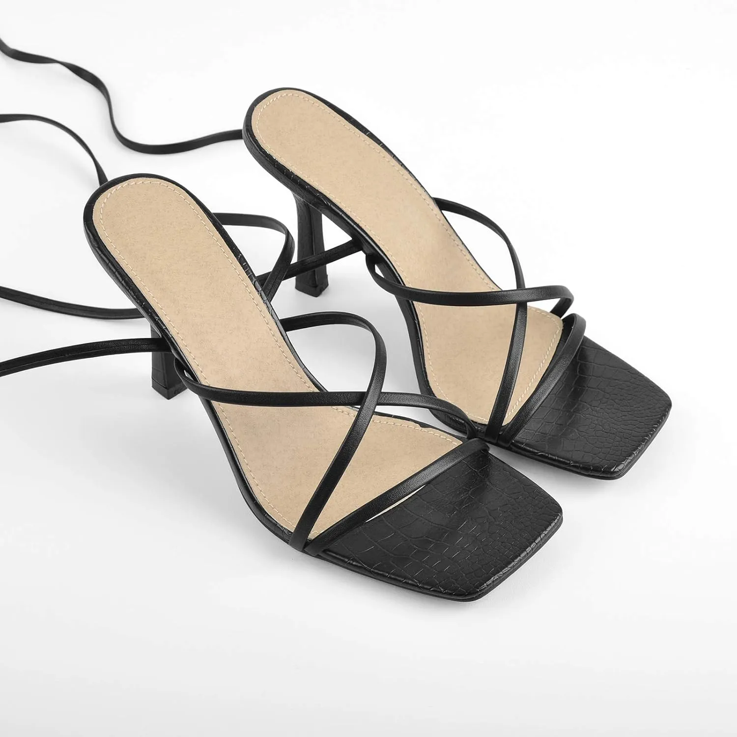 richealnini Women's Square Toe Lace Up Strappy Stilettos High Heeled Sandals
