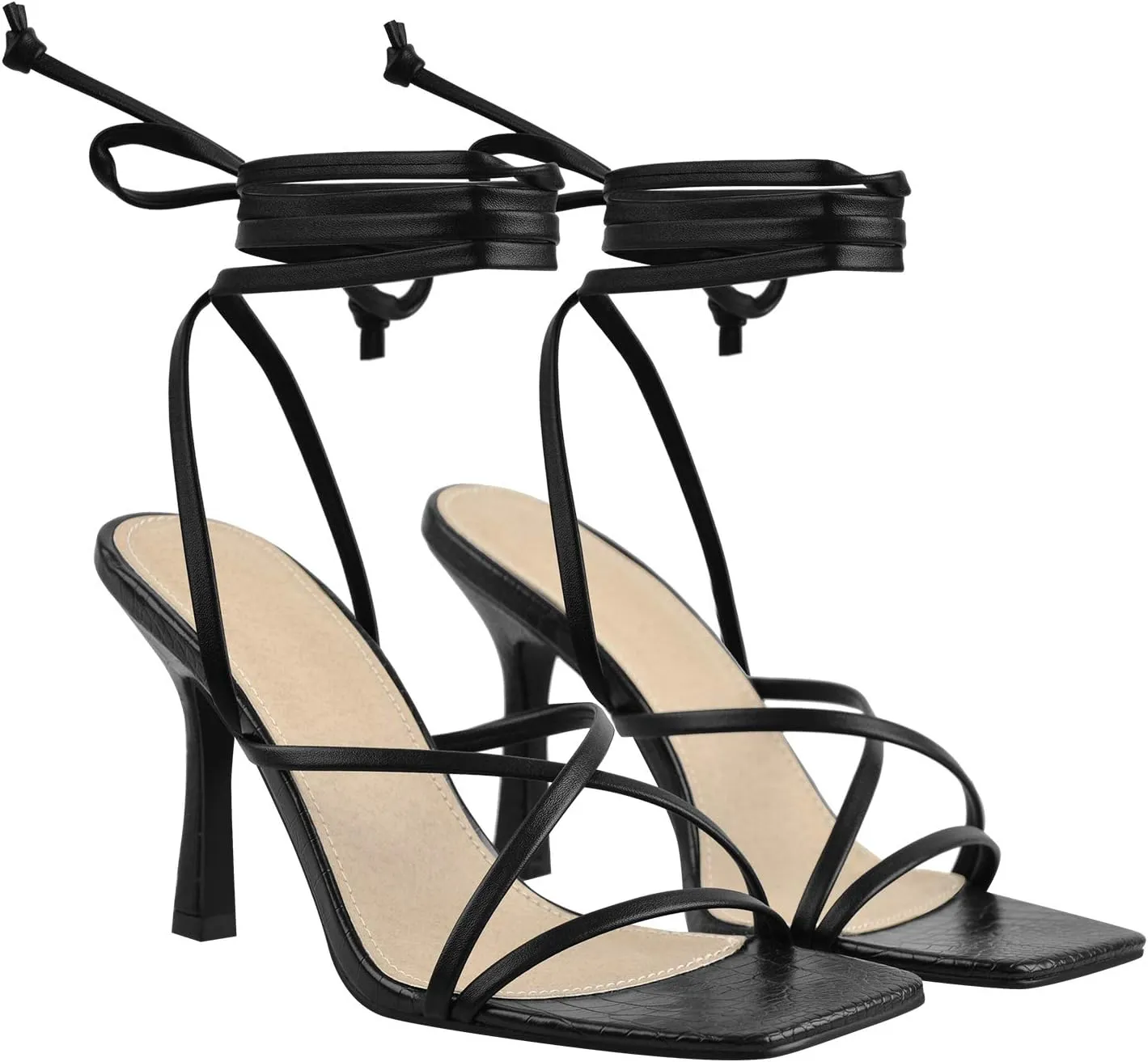 richealnini Women's Square Toe Lace Up Strappy Stilettos High Heeled Sandals