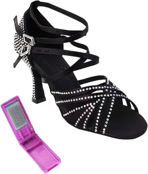 Very Fine Dance Shoes - Ladies Latin, Rhythm, Salsa, Waltz Ballroom Dance Shoes - S1006CC - 2.5-inch Heel and Foldable Brush Bundle - Black Satin - 6