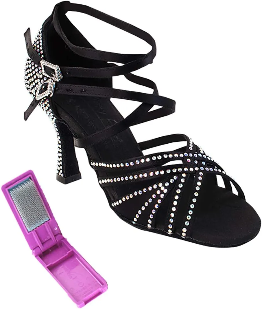 Very Fine Dance Shoes - Ladies Latin, Rhythm, Salsa, Waltz Ballroom Dance Shoes - S1006CC - 2.5-inch Heel and Foldable Brush Bundle - Black Satin - 6