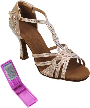 Very Fine Dance Shoes - Ladies Latin, Rhythm, Salsa, Waltz Ballroom Dance Shoes - S1008CC - 3-inch Heel and Foldable Brush Bundle - Flesh Satin - 10