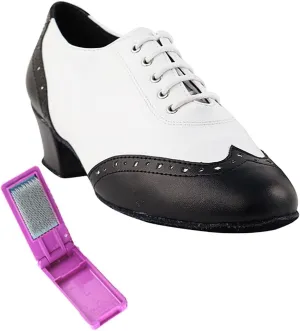 Very Fine Dance Shoes - Ladies Practice, Cuban Low Heel, Waltz Ballroom Dance Shoes - 2008-1.5-inch Heel and Foldable Brush Bundle - Black Leather - White Leather - 6.5