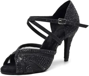 Women's Latin Dance Shoes Color Rhinestone Ballroom Party Performance Shoes 3.34 Inch Lady Black High-Heeled Shoes