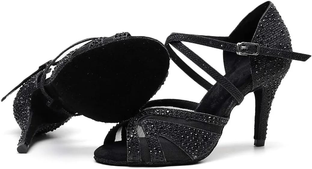 Women's Latin Dance Shoes Color Rhinestone Ballroom Party Performance Shoes 3.34 Inch Lady Black High-Heeled Shoes