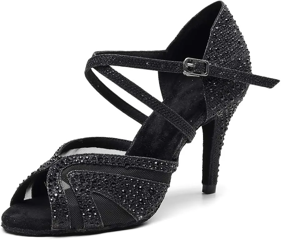 Women's Latin Dance Shoes Color Rhinestone Ballroom Party Performance Shoes 3.34 Inch Lady Black High-Heeled Shoes