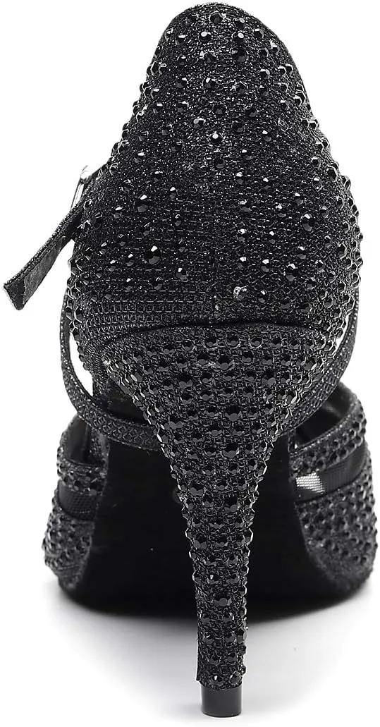 Women's Latin Dance Shoes Color Rhinestone Ballroom Party Performance Shoes 3.34 Inch Lady Black High-Heeled Shoes