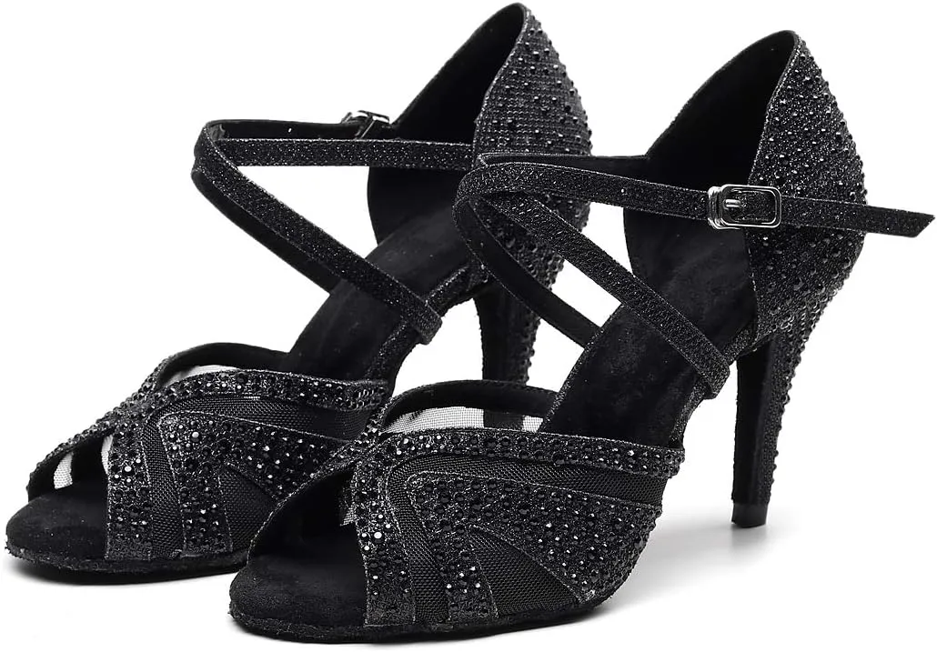 Women's Latin Dance Shoes Color Rhinestone Ballroom Party Performance Shoes 3.34 Inch Lady Black High-Heeled Shoes