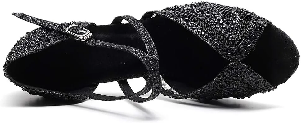 Women's Latin Dance Shoes Color Rhinestone Ballroom Party Performance Shoes 3.34 Inch Lady Black High-Heeled Shoes