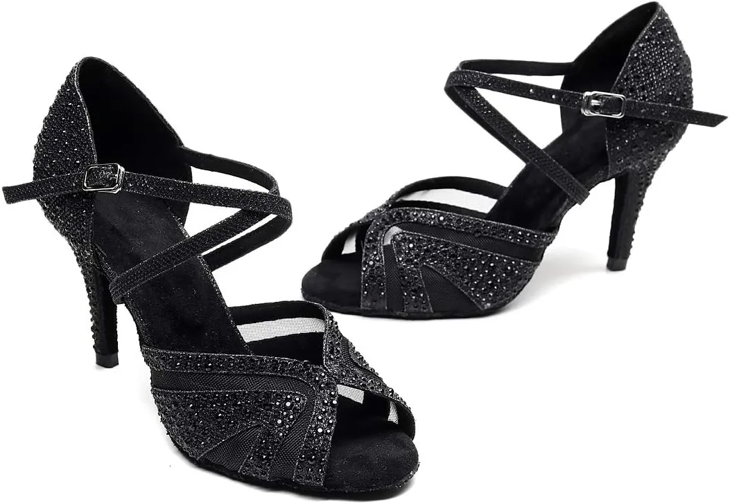 Women's Latin Dance Shoes Color Rhinestone Ballroom Party Performance Shoes 3.34 Inch Lady Black High-Heeled Shoes