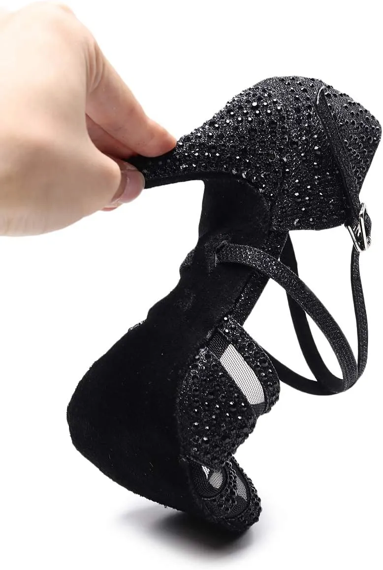 Women's Latin Dance Shoes Color Rhinestone Ballroom Party Performance Shoes 3.34 Inch Lady Black High-Heeled Shoes