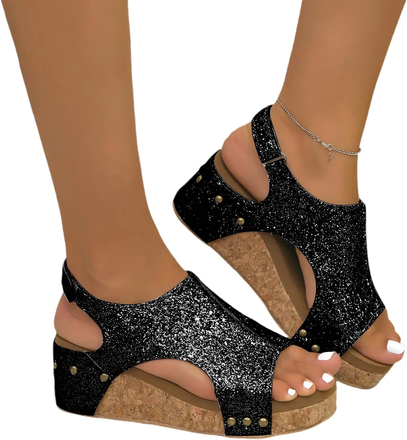 Womens Summer Shoes Dressy Casual Wedges with Buckle Ankle Strap Peep Toe Platform Arch Support Wedge Sandals Non-Slip Comfortable Orthopedic Ortho Vacation Outfits Travel Breathable Outdoor Sandal