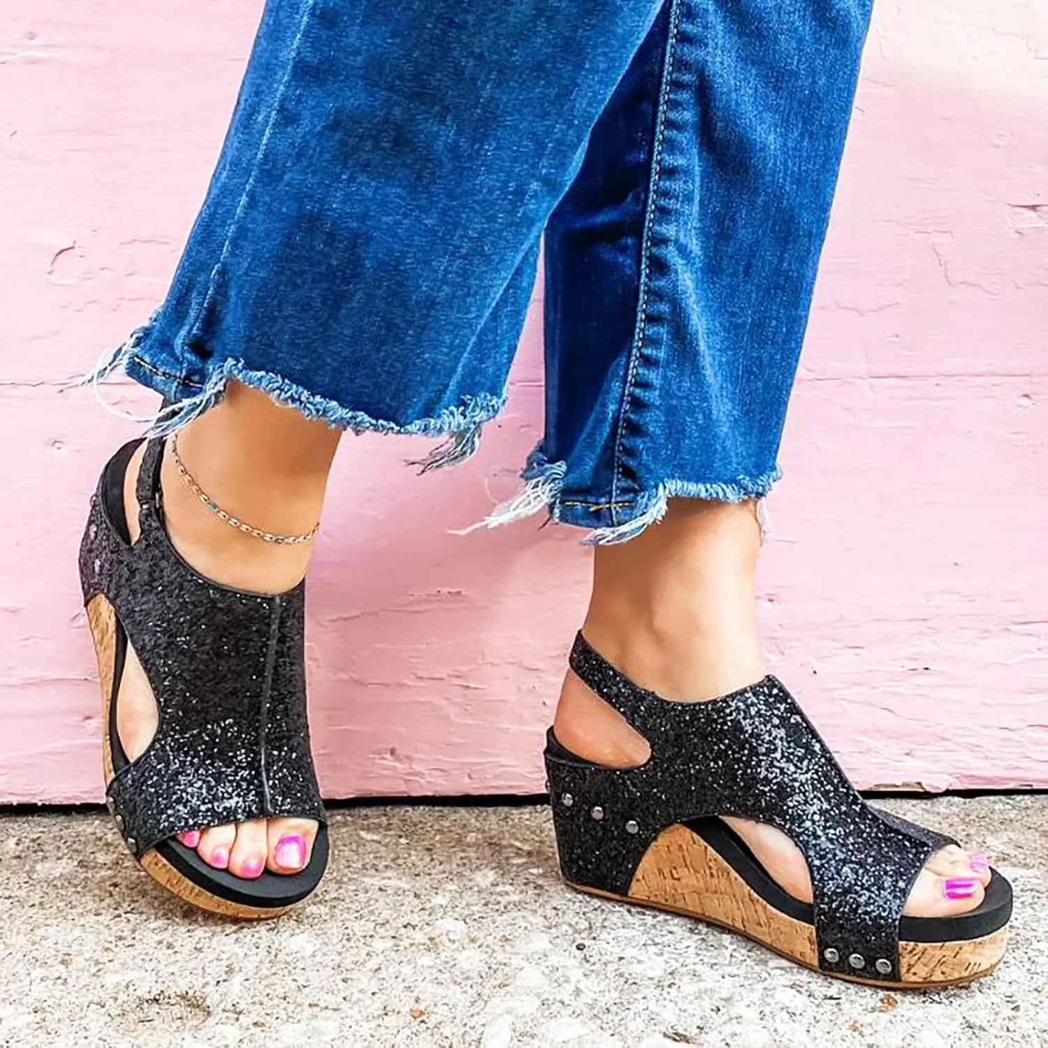 Womens Summer Shoes Dressy Casual Wedges with Buckle Ankle Strap Peep Toe Platform Arch Support Wedge Sandals Non-Slip Comfortable Orthopedic Ortho Vacation Outfits Travel Breathable Outdoor Sandal